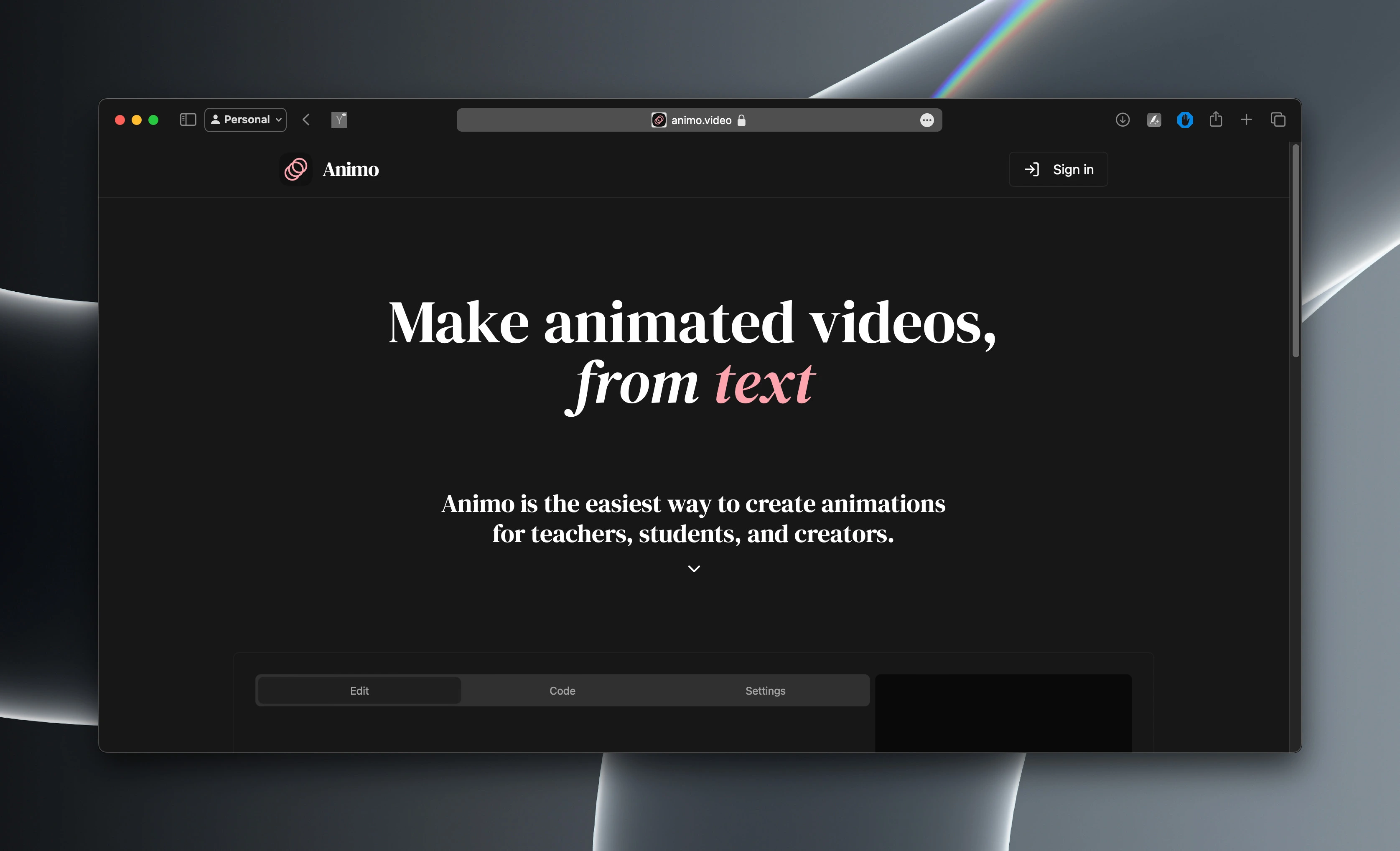 Landing page of Animo